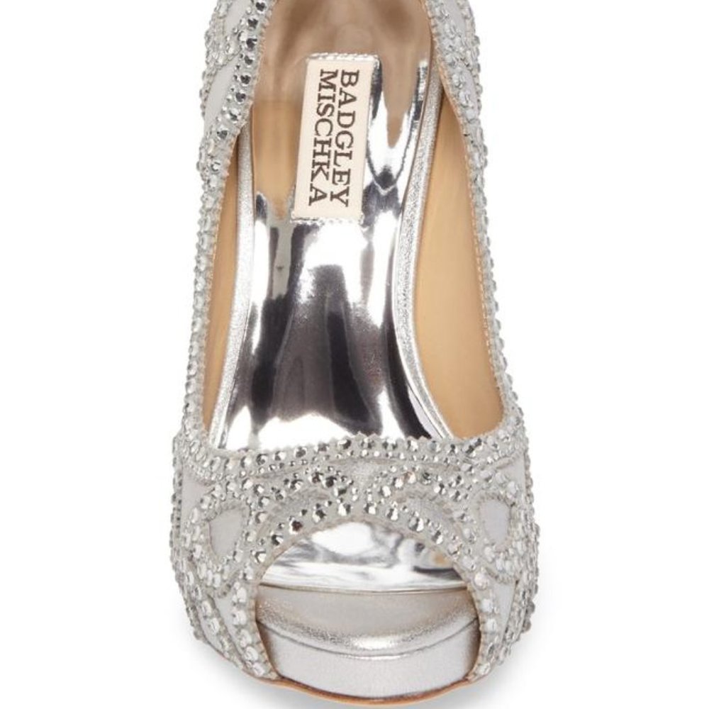 Badgley Mischka Karma Ii Embellished Shimmer-suede Pump Platforms - Picture 2 of 13